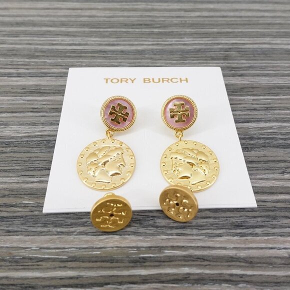 Tory Burch Mother of Pearl Logo Coin Medallion Drop Earrings Pink/Tory Gold OS - Picture 8 of 12